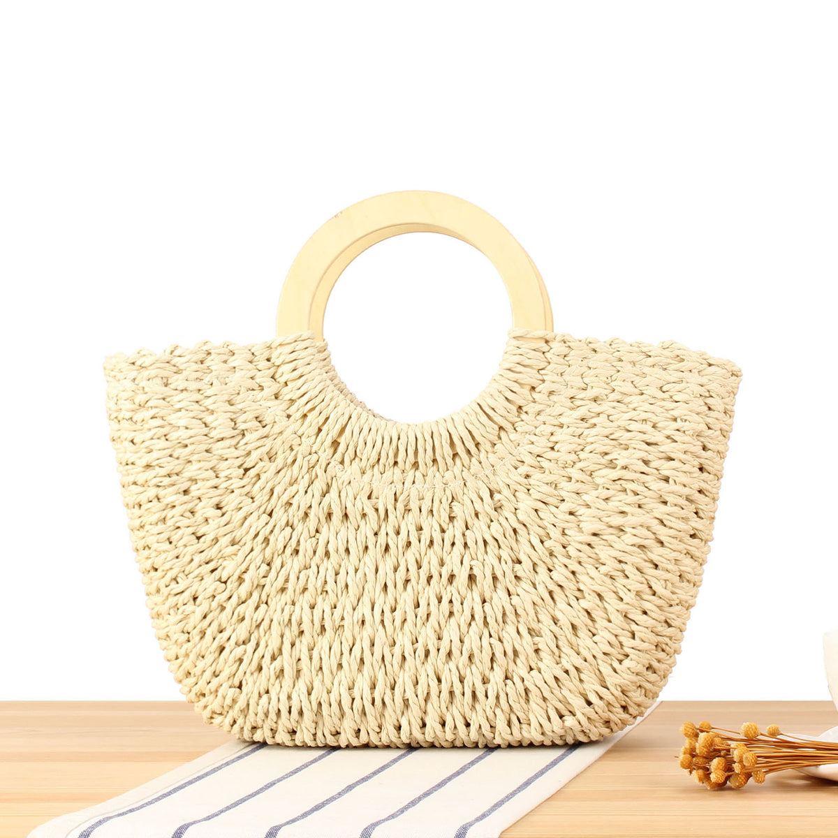 Designer Tasche Aus Handgearbeitetem Korbgeflecht mit Holzgriff Brehn