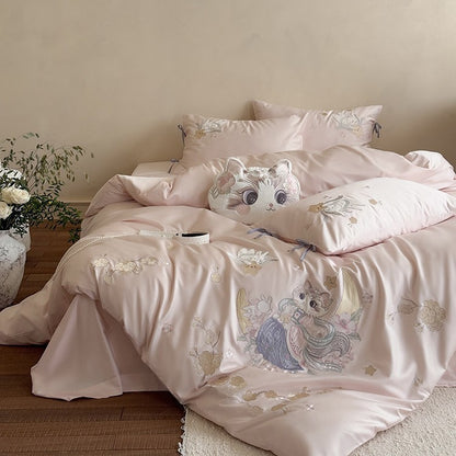 Exklusive Satin-Bettwäschegarnitur mit detailreicher Stickerei Katzen- und Mondmotiv