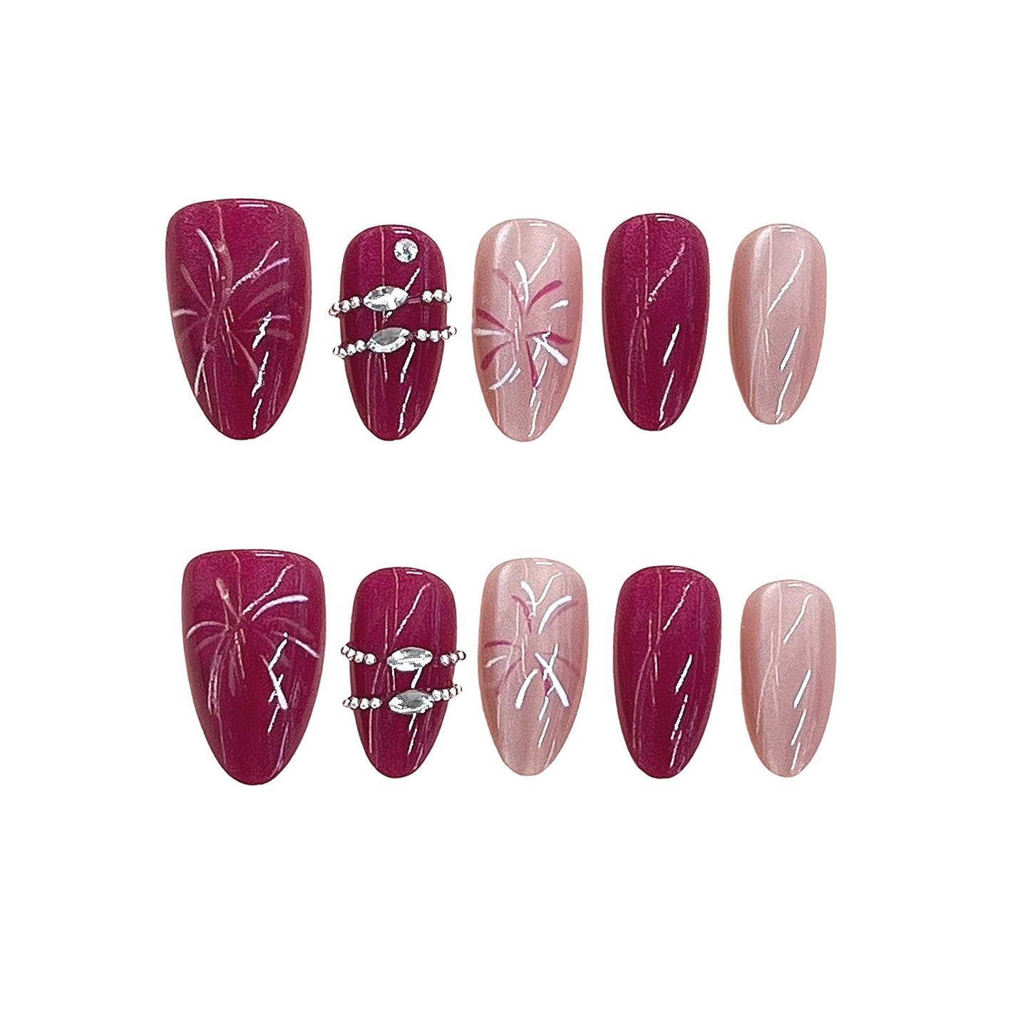 Künstlerisches Press-On-Nagelset mit floralen Mustern und Edelsteinakzenten Brehn
