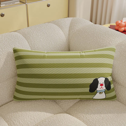 Striped Knit Lumbar Pillow Cover with Embroidered Cartoon Dog Accent