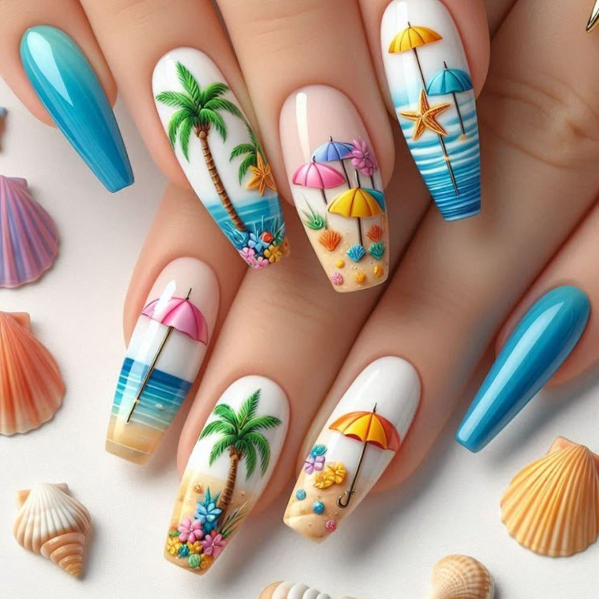 Tropisch vom Strand inspiriertes Nagelkunstverlängerungen Brehn