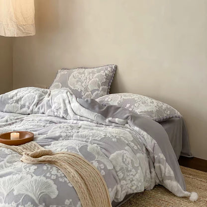 Geplüschtes Chenille Floral Bettbezug Set mit Pom-Pom Besatz