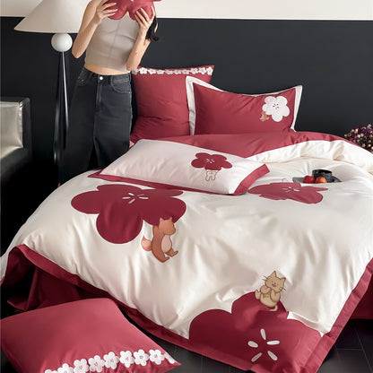 Baumwoll-Satin Bettbezug Set mit bestickter Fuchs und Katze Applikation