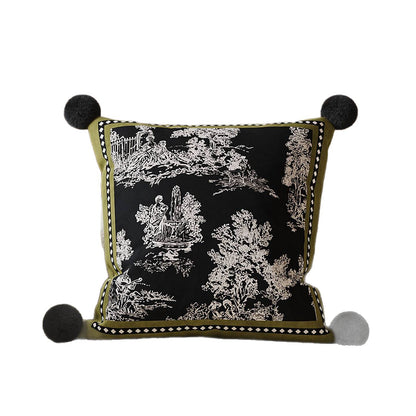 Square Decorative Toile Print Cushion Cover with Corner Pom-Pom Trims and Hidden Zipper
