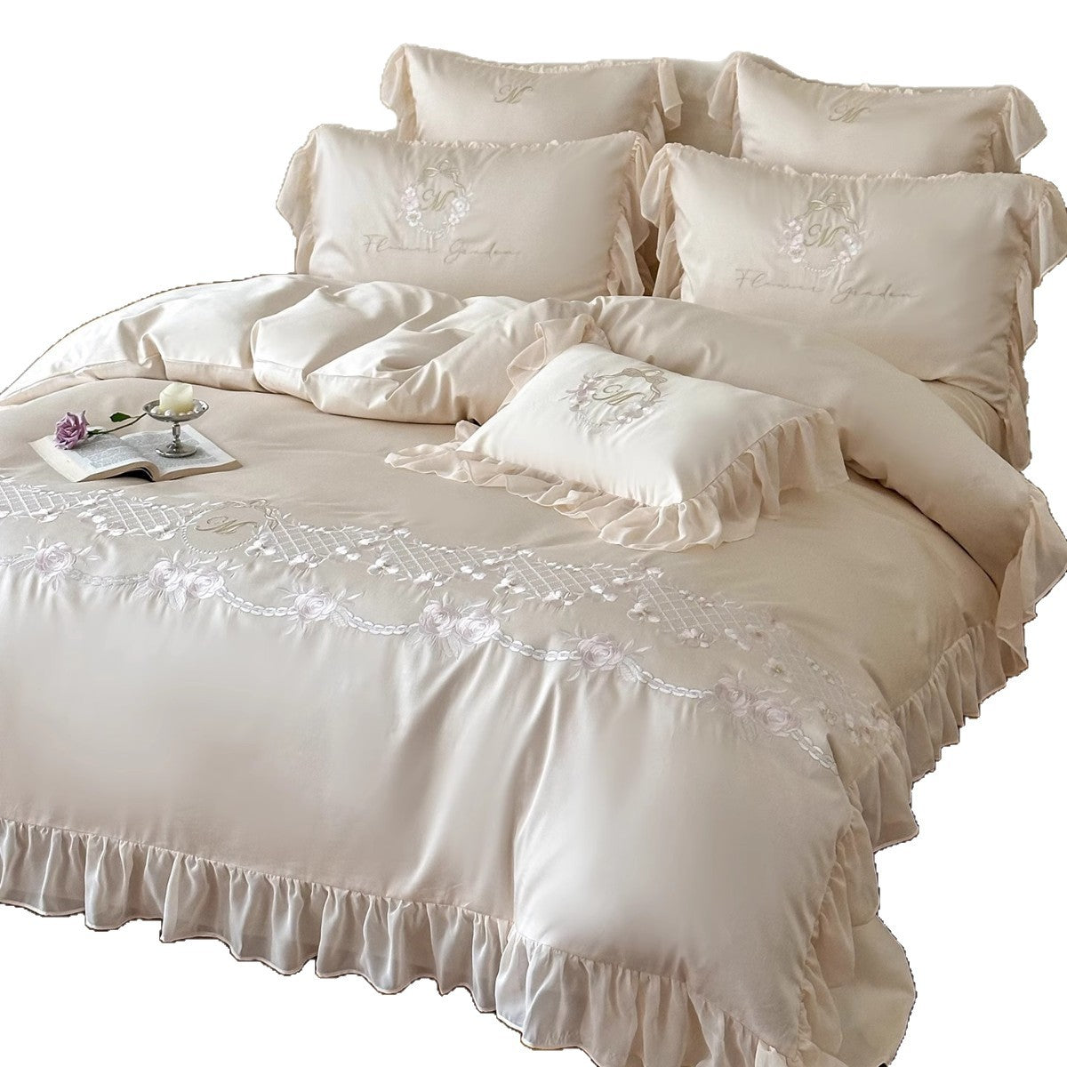 Romantisches Rüschensaum Satin-Mischung Floral Bestickte Bettwäsche Set