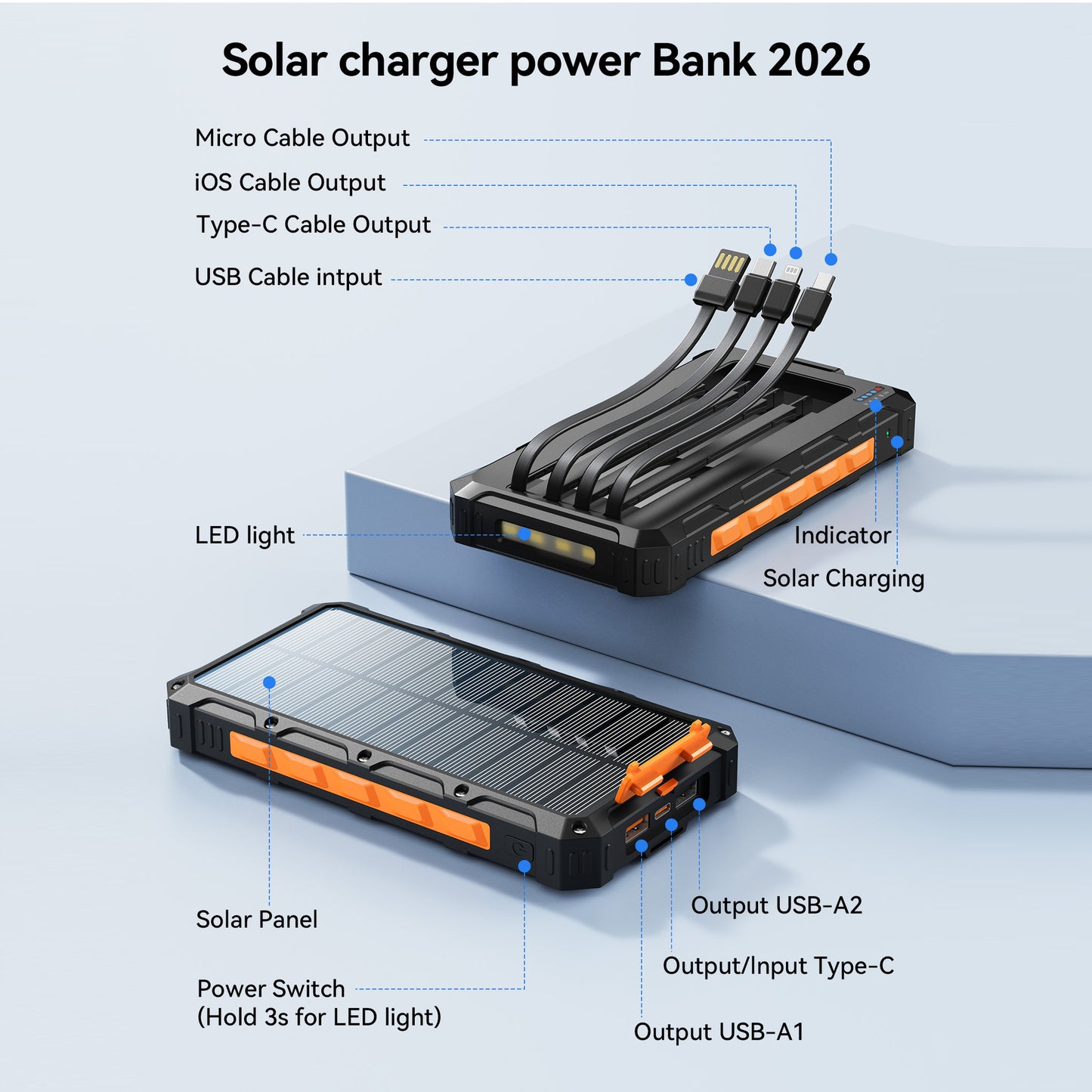 Solar Powerbank mit Multifunktionalem Anschlusssystem und Schnellladefunktion Brehn