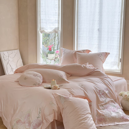 Florales besticktes Baumwollsatin Bettbezug Ensemble mit dekorativem Bolster und Kissenbezügen