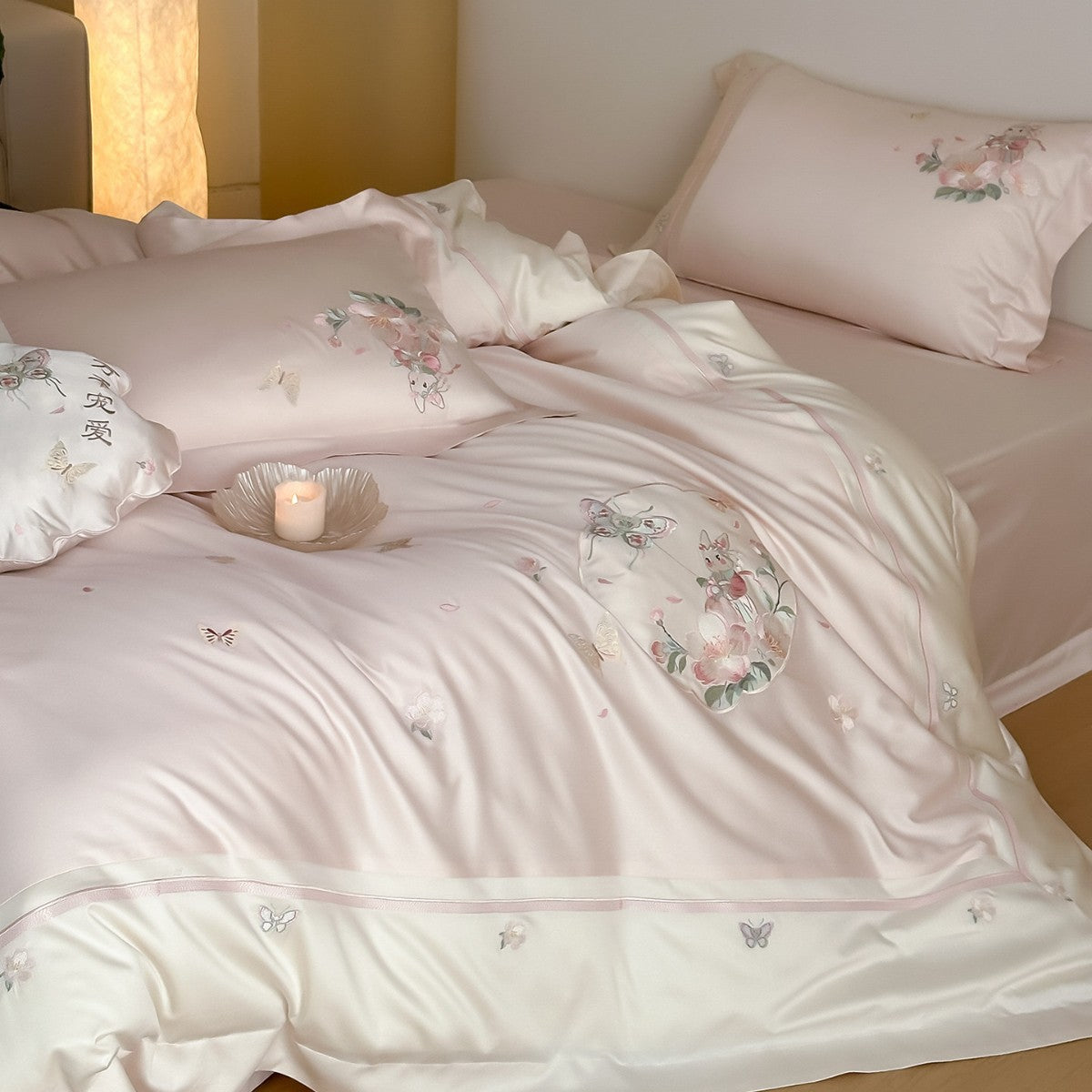 Luxus Baumwollsatin Bestickte Botanische Kaninchen Bettbezugset
