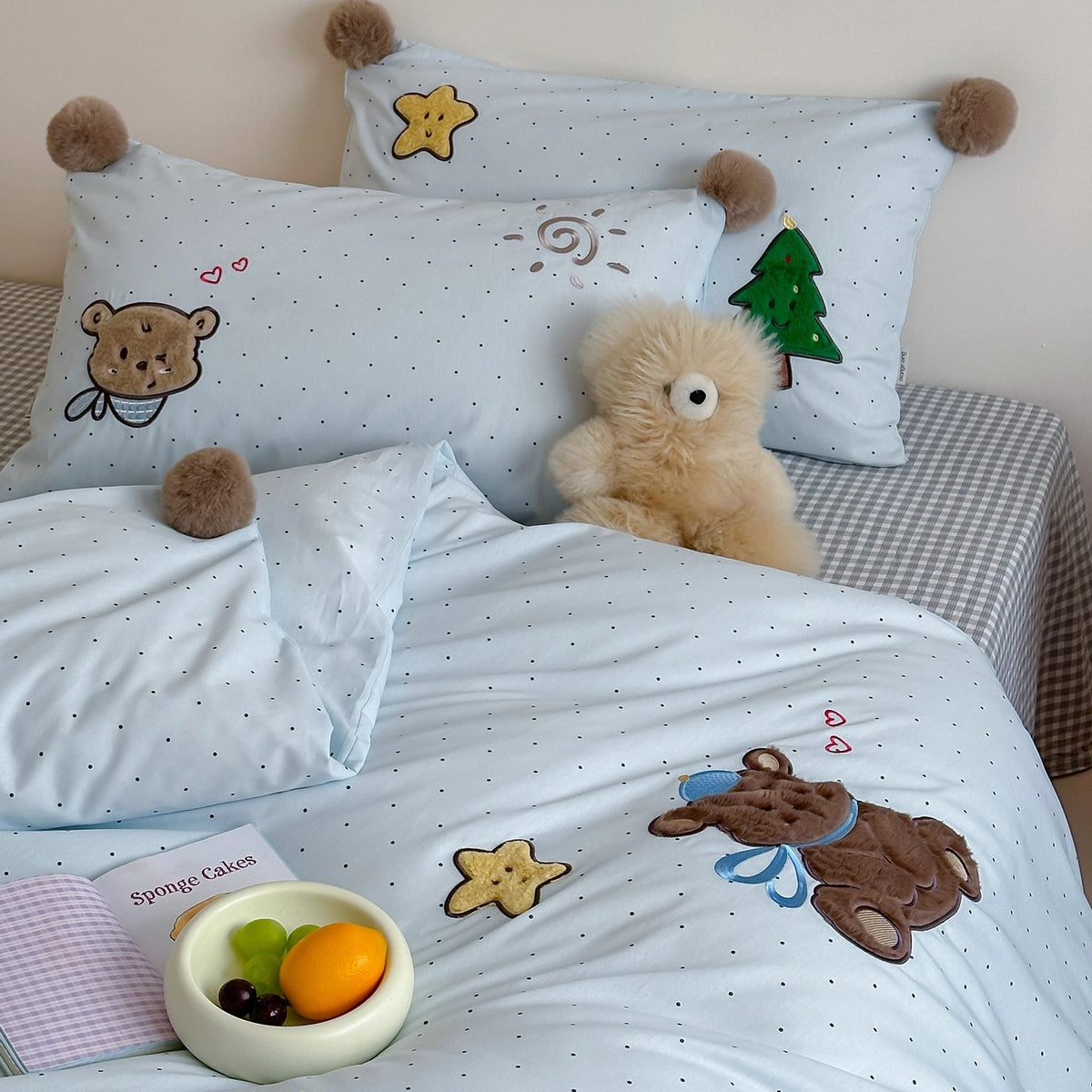 Plüsch Bestickter Bären Bettdeckenbezug Set mit Pom-Pom Ecken