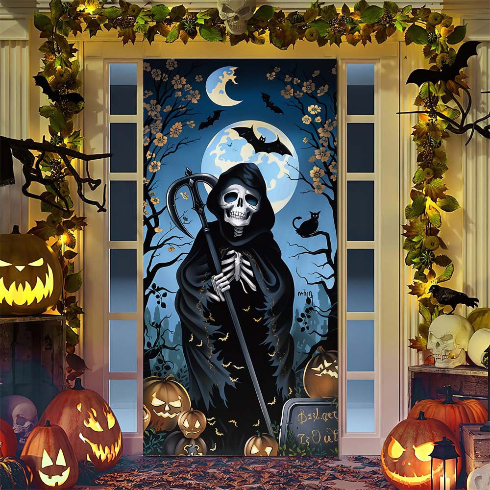 Halloween-Türposter mit großformatiger Grim-Reaper-Illustration und wiederverwendbarem PVC-Planenstoff