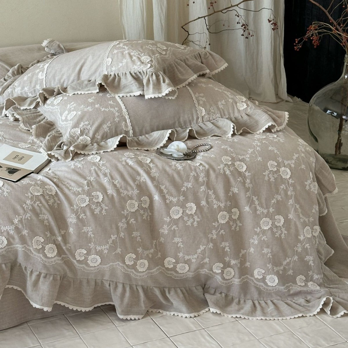 Landhausstil bestickte Leinenmischung Bettwäsche Ensemble