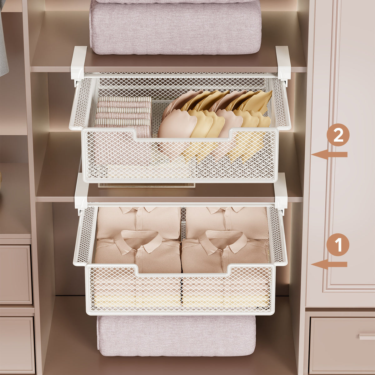 Herausziehbare untere Regalbelüftete Metallgitteraufbewahrungsbox für die Organisation von Kleiderschrank und Schrank