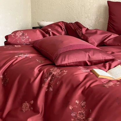 Premium-Satin-Bettwäsche-Garnitur mit dezentem Rosenjacquard und Hotelverschluss