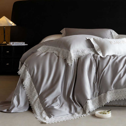Luxuriöses Satin-Bettwäsche-Set mit feiner Spitzenbordüre