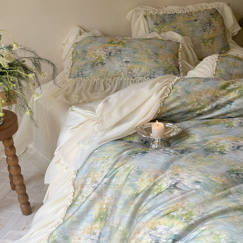 Luxus-Baumwoll-Bettwäsche-Set mit romantischen Rüschen und Aquarell-Blumenmuster
