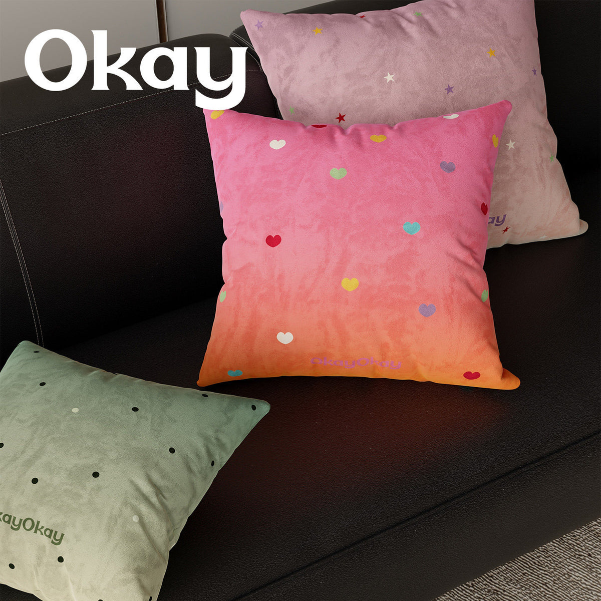 Square Ombre Plush Decorative Throw Pillow Cover with Multicolor Heart Motif and Concealed Zipper