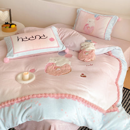 Kinderbettwäsche-Set mit Teddy-Fleece-Decke, Pompon-Saum und niedlichem Welpen-Motiv