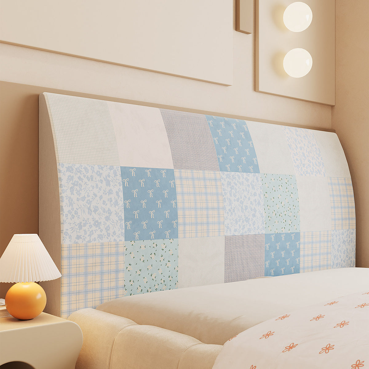 Patchwork Upholstered Headboard Slipcover with Quilted Floral and Plaid Panels