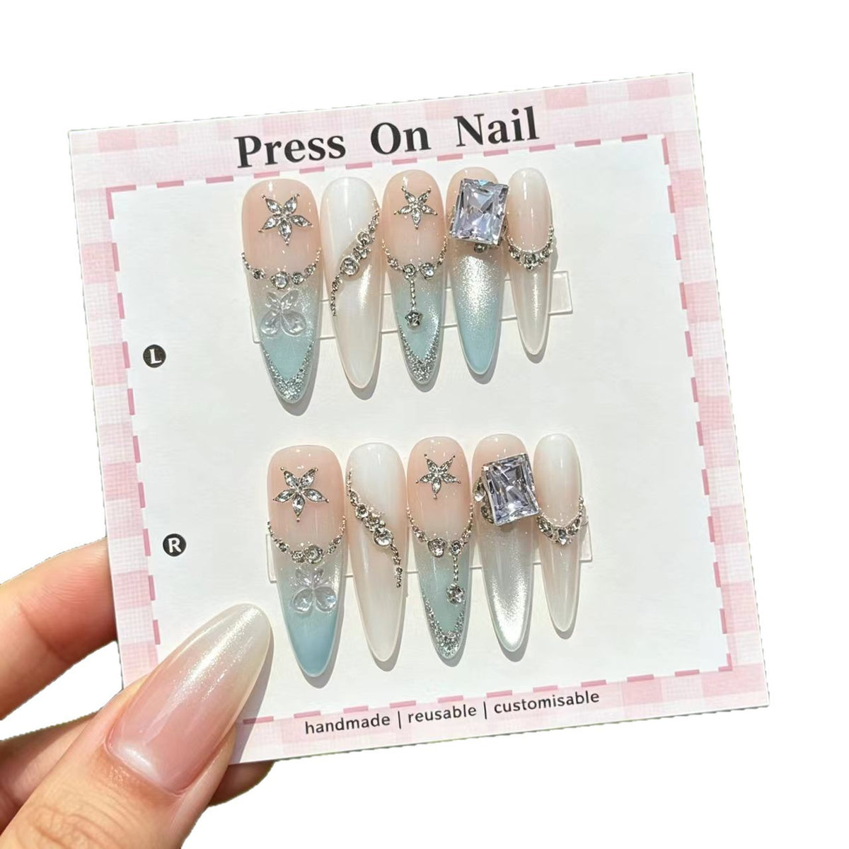 Künstlerisches Press-On Nagelkunst Set mit Juwelenelementen