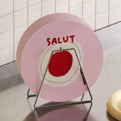 Round Decorative Absorbent Cork Coaster Set with Metal Stand and Fruit Plate Illustration