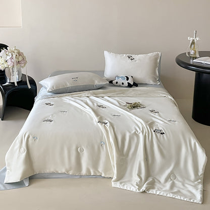 Seidenglänzende Satin-Bettwäschegarnitur mit niedlicher Panda-Stickerei