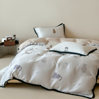 Luxuriöses Satin-Bettwäsche-Set mit floralem Aquarellprint, Volantkanten und Wendefunktion