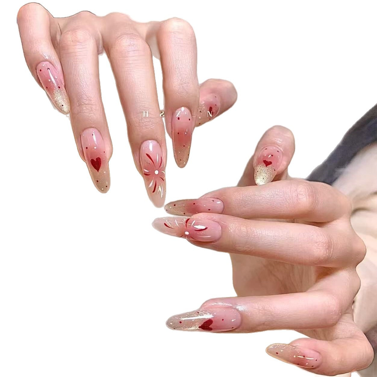 Elegantes Press-On-Nagelset mit floralen und Edelsteinakzenten Brehn