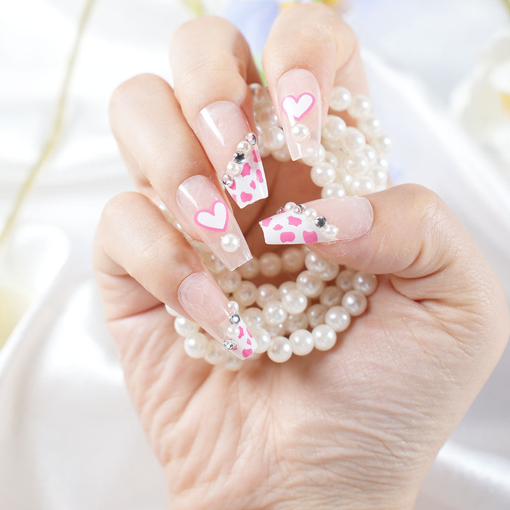 Dekorative 3D Herz und Leopardenmuster Press-On Nagelset Brehn