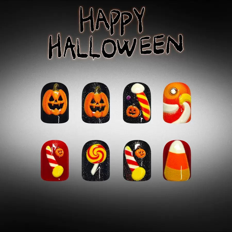 Halloween Kunstnagelset mit verspielten Kürbis- und Süßigkeitenmotiven Brehn
