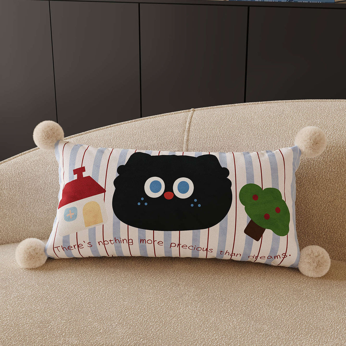 Decorative Square Throw Pillow Cover with Pom-Pom Corners and Cartoon Dog Illustration