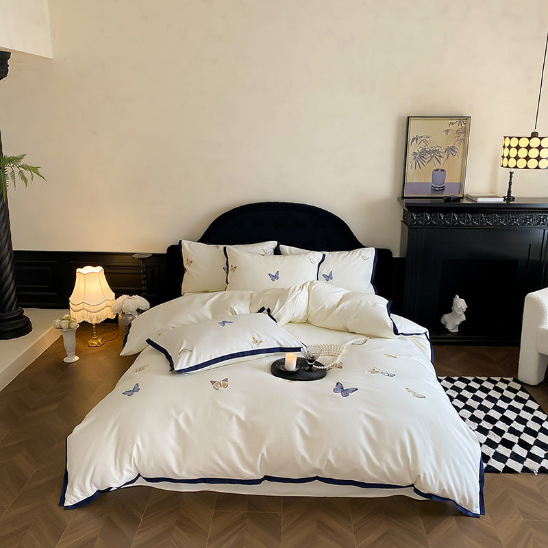 Luxuriös besticktes Schmetterling Baumwollsateen Bettbezug Set