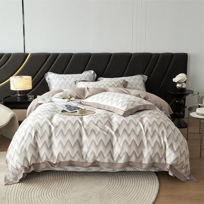 Luxuriöse Satin-Bettwäsche-Garnitur mit geometrischem Jacquardmuster und Satinbesatz Brehn