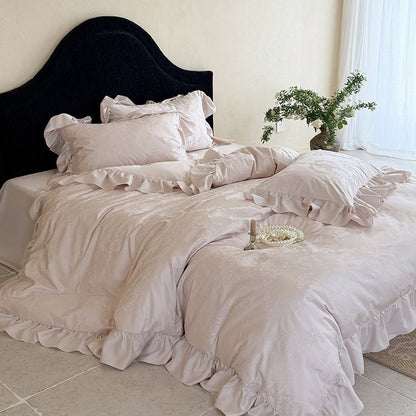 Elegantes Bettwäscheset mit Jacquard-Blumenmuster, Volant und weichem Baumwollsatin