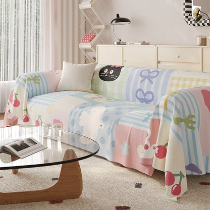 Reversible Stretch Sofa Slipcover with Pastel Cartoon Patchwork Texture