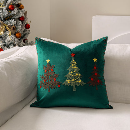 Plüsch-Velours-Quadrat-Akzentkissenbezug mit handgestickter Weihnachtsbaumstickerei und Lockstichkante