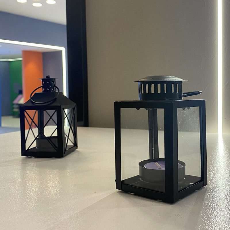 Mini Metall Teelicht Laterne mit Glasplatten und faltbarem Tragegriff Brehn