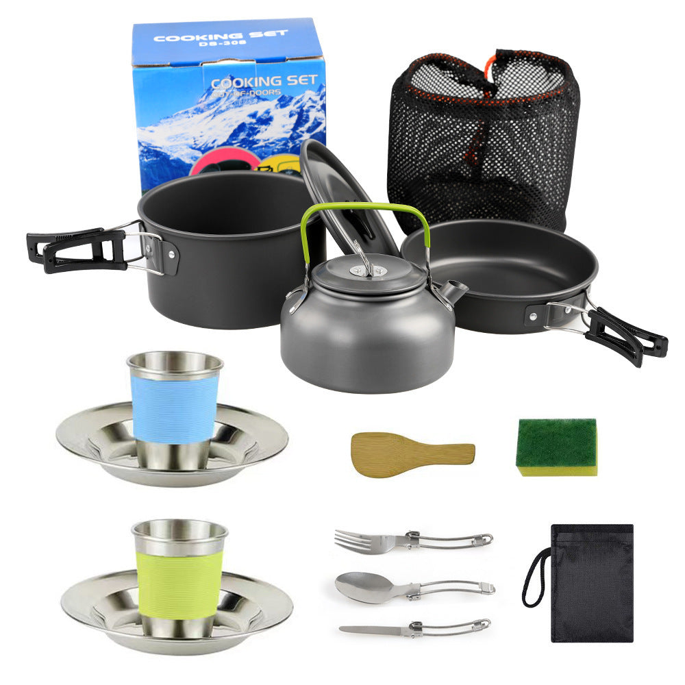 leichtes hart-anodisiertes Campinggeschirrset mit klappbaren Griffen, kompaktem Wasserkocher und Edelstahlbechern Teller Brehn