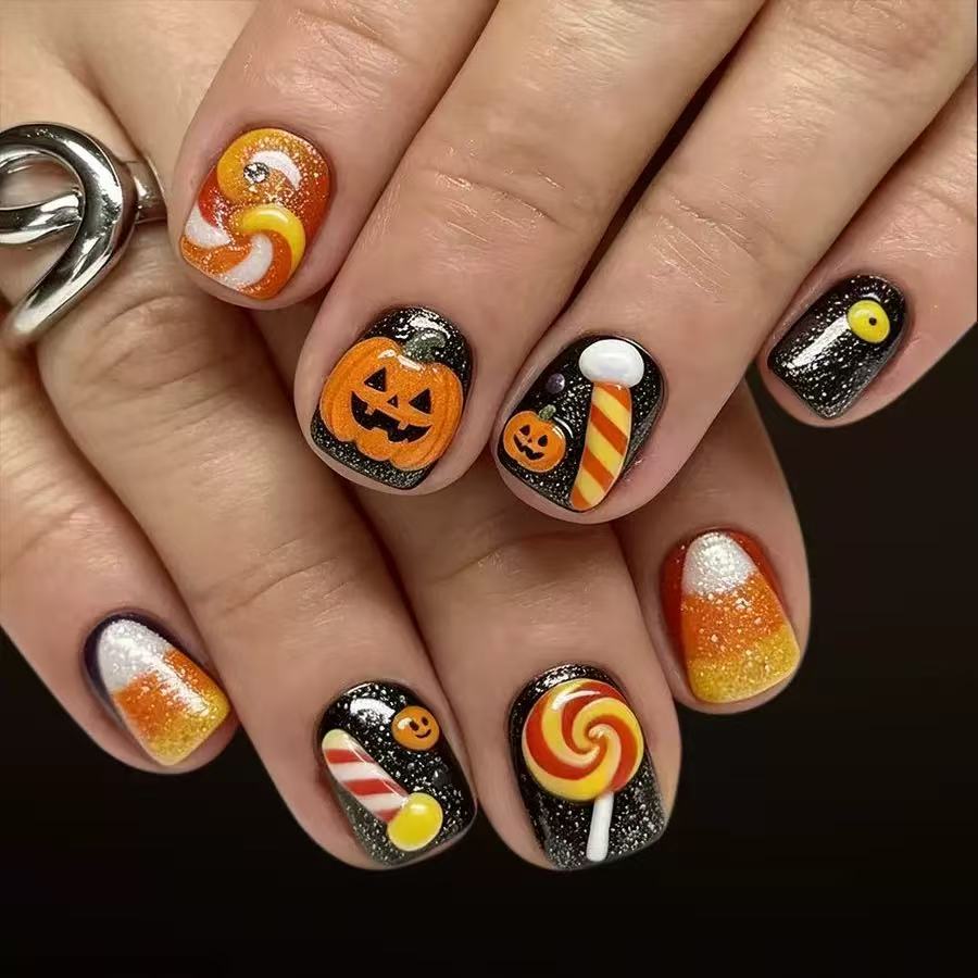 Halloween Kunstnagelset mit verspielten Kürbis- und Süßigkeitenmotiven Brehn