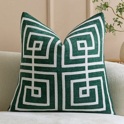 Geometrisch bestickter Baumwoll-Leinen Quadrat Sofakissenbezug mit erhöhtem Chenille Labyrinth Applikation