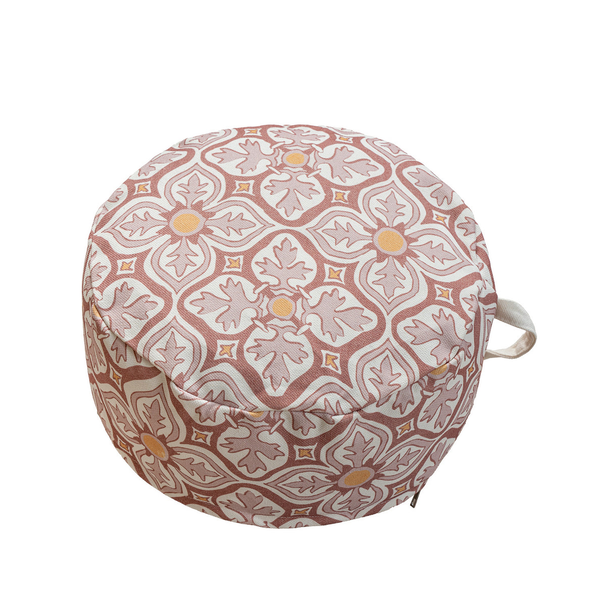 Rundes Sitzpouf mit gewebter Jacquard-Struktur und praktischem Tragegriff Brehn