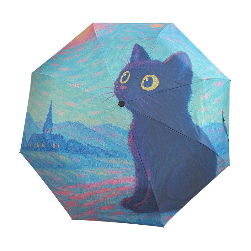 Damen Faltregenschirm mit kreativem Katzenmotiv und praktischem Etui Brehn