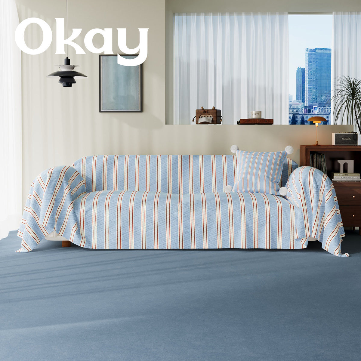Striped Quilted Sofa Slipcover with Pom-Pom Accent Pillowcase