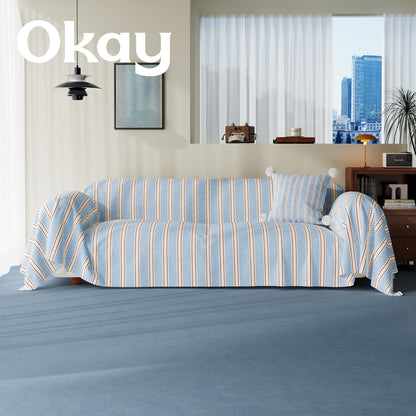 Striped Quilted Sofa Slipcover with Pom-Pom Accent Pillowcase