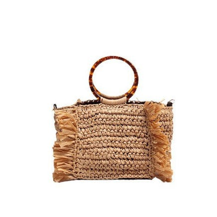 Damen Handtasche aus geflochtenem Naturmaterial mit Fransen und stylishem Henkel Brehn