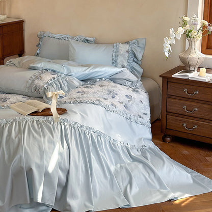 Hotel-Soft Rüschen Baumwoll-Satin Bettbezug Set mit gerafftem Bettschoner & Floral Matelassé Panel