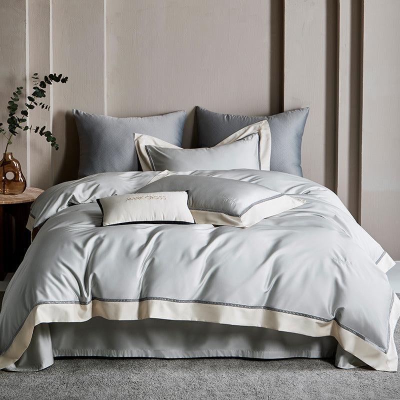 Elegantes Satin-Duvetbezug-Set mit kontrastierender Saumblende und feiner Biese