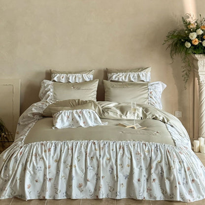 Rüsch Floral Baumwolle Sateen Bettwäsche Set mit Kissenbezügen und Bettrock