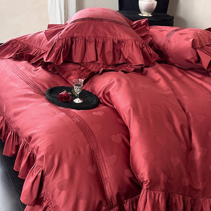 Luxuriöse Satin-Bettwäschegarnitur mit Herz-Jacquard, Volant-Rüschen und Hotelverschluss Brehn