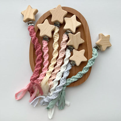 Geflochtene Baumwolle Schnuller und Beißring Clip mit Holzsternclip
