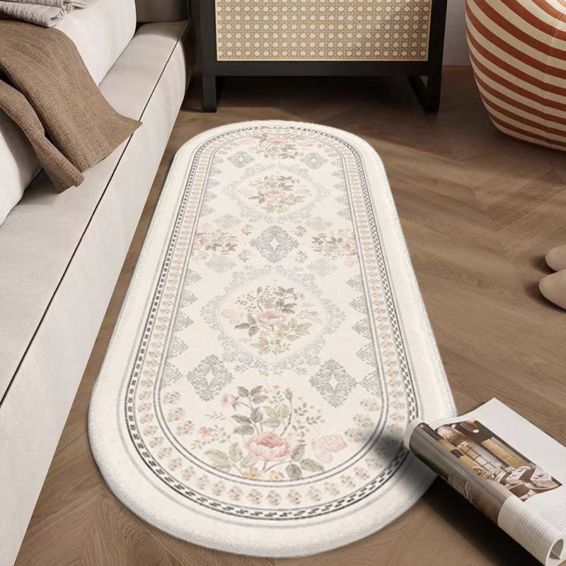 Oval Low-Pile Kitchen Runner Rug with Vintage Distressed Floral Jacquard and Non-Slip Backing